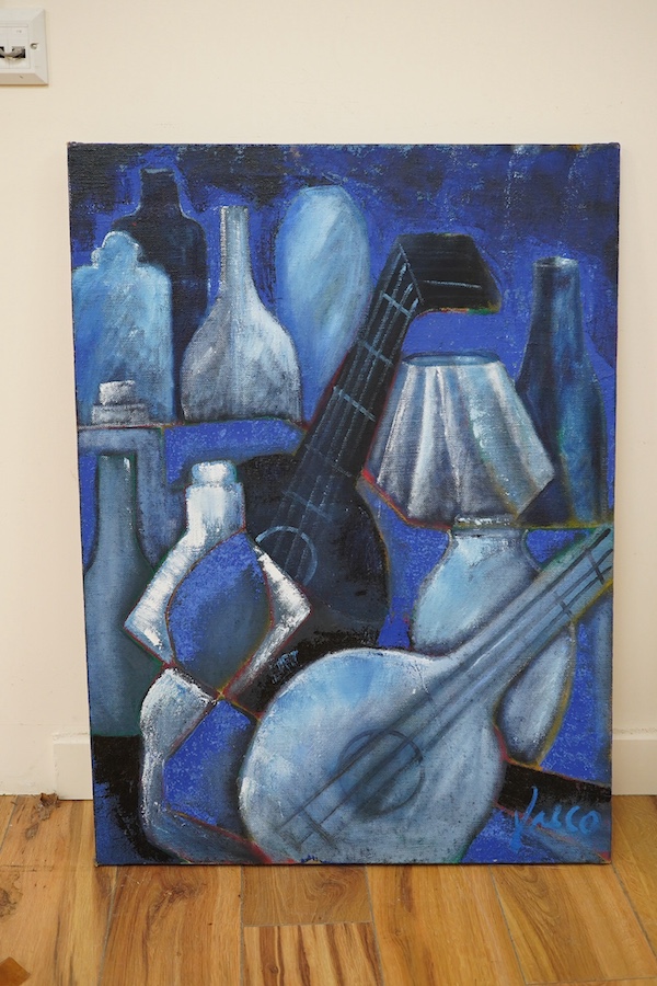 Cubist style, oil on canvas, Still life of vessels and instruments, indistinctly signed, 90 x 66cm. Condition - good